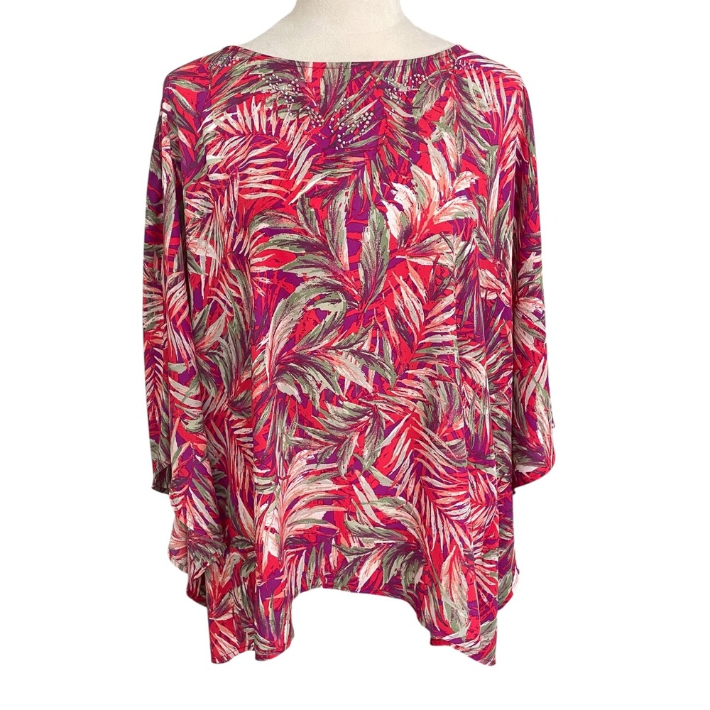 Quacker Factory Floral Palm Semi Sheer Top Size L Rhinestone Boho Embellished
